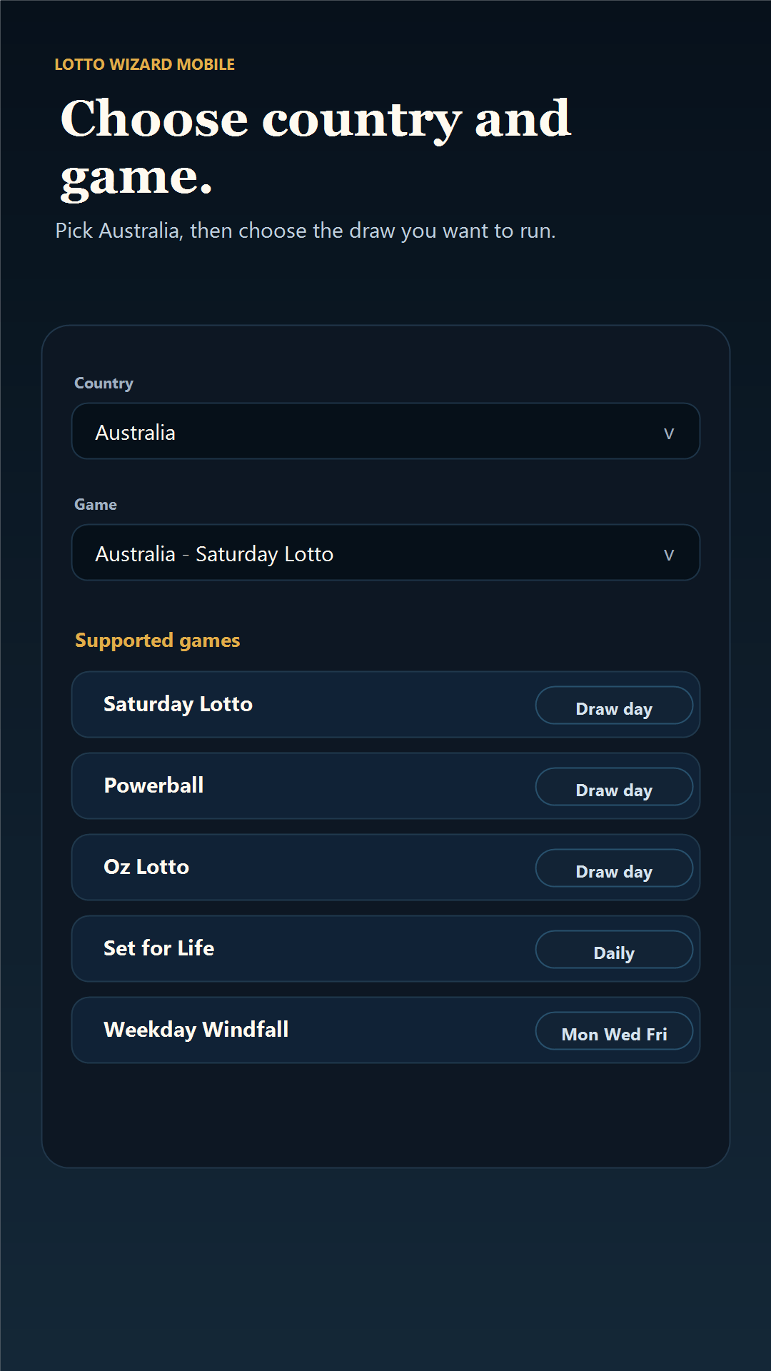 Lotto Wizard Mobile country and game selection screen showing Australian supported games