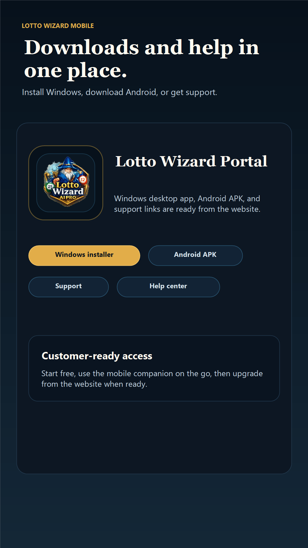 Lotto Wizard Mobile downloads and help screen with portal links for Windows installer, Android APK, support, and help center