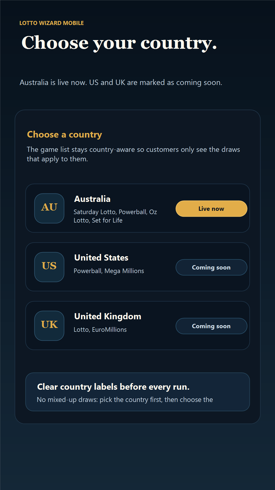 Lotto Wizard Mobile supported countries screen showing Australia live now and United States and United Kingdom coming soon