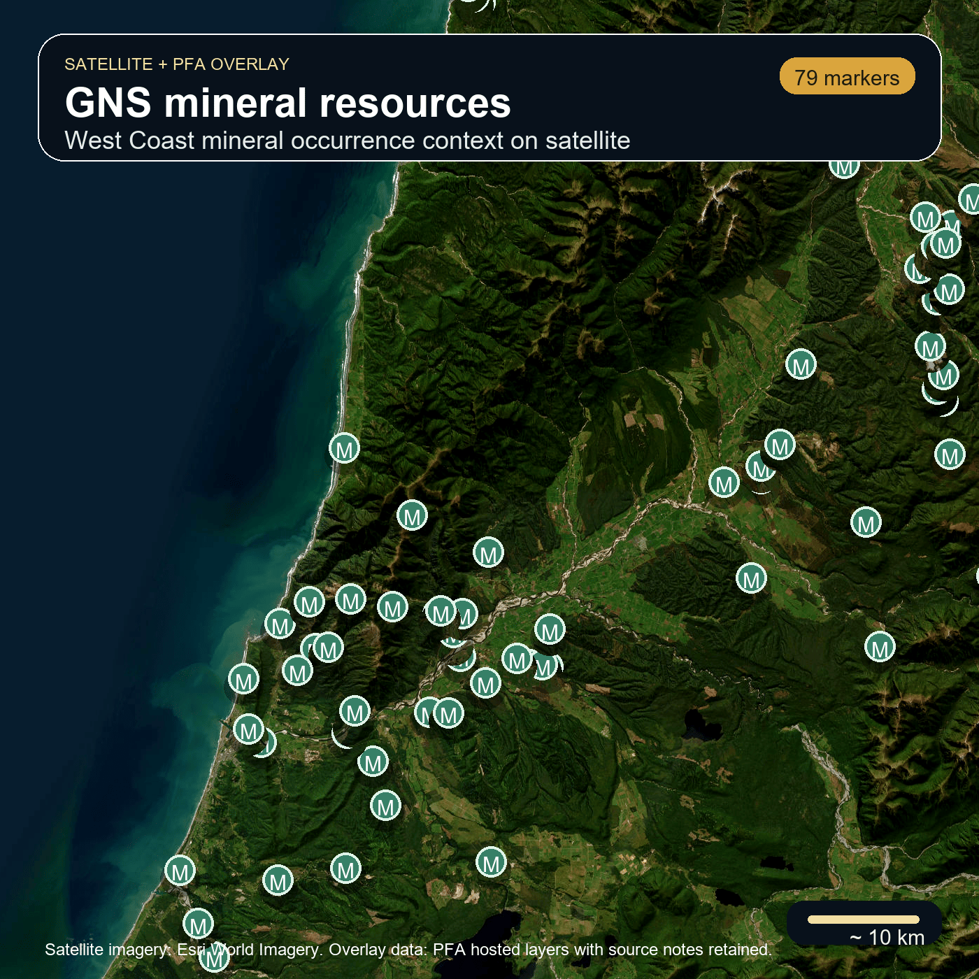 Prospector's Field Assistant satellite overlay showing GNS mineral resource markers on the New Zealand West Coast