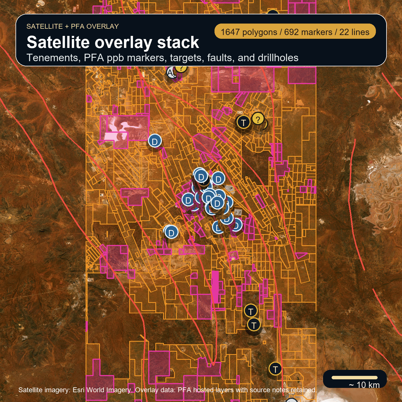 Prospector's Field Assistant satellite overlay stack with tenure, markers, fault lines, and drillholes near Kalgoorlie
