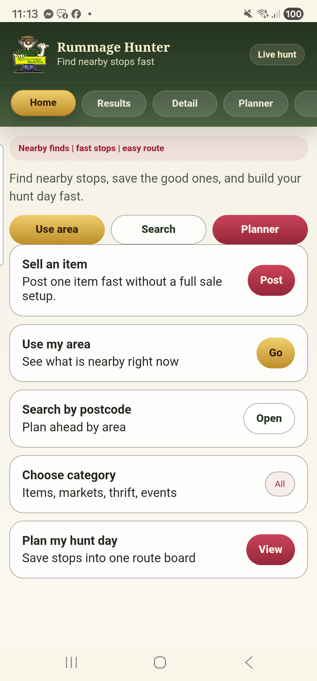 Rummage Hunter home screen with nearby stop options and hunt day planner entry points