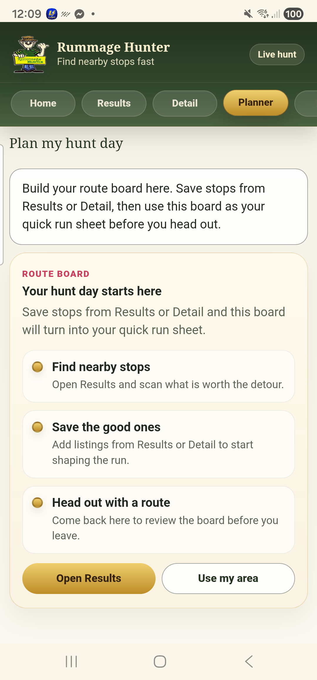 Rummage Hunter route board planner screen for saved hunt day stops