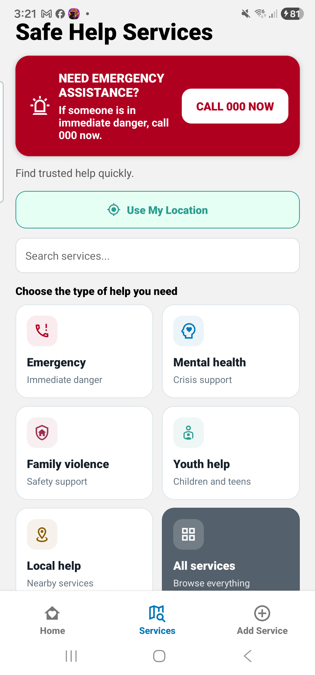 SafeHelp Australia app services screen