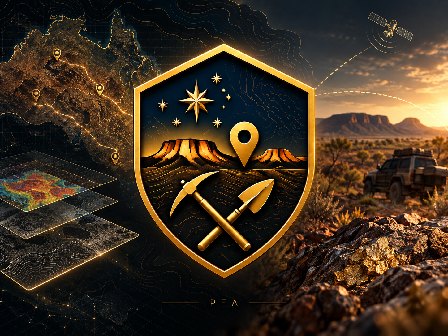 PFA concept illustration: golden prospecting shield over Australian maps and outback scenery